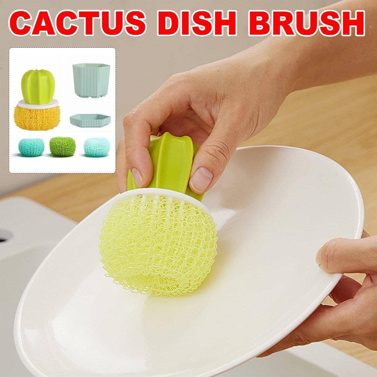 Cactus Dish Scrubber Brush with Handle and Nanofibre Cleaning Balls