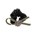 Camellia Bow Scrunchie Hair Tie - Black with Grey Flower