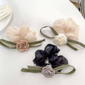 Camellia Bow Scrunchie Hair Tie - Black with Grey Flower - view 4