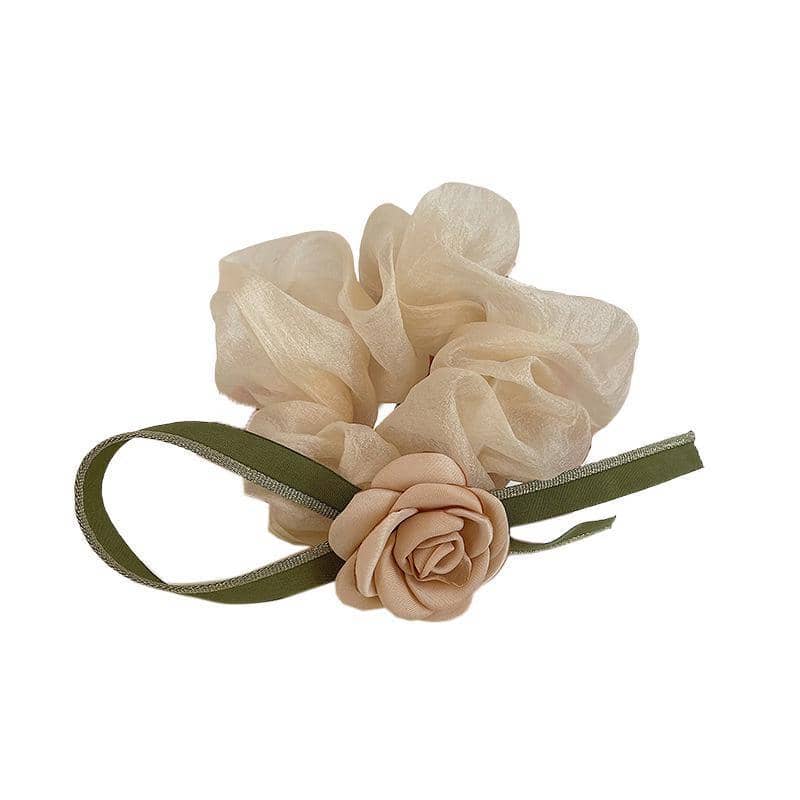 Camellia Bow Scrunchie Hair Tie - Cream with Pink Flower