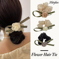 Camellia Bow Scrunchie Hair Tie - Cream with Pink Flower - view 2