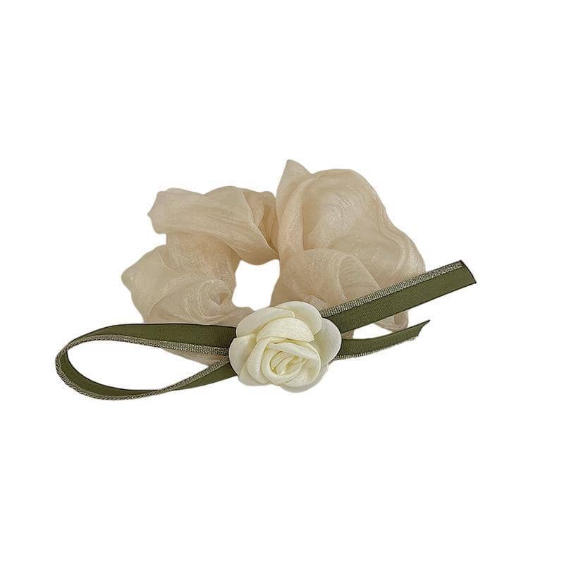 Camellia Bow Scrunchie Hair Tie - Cream with White Flower