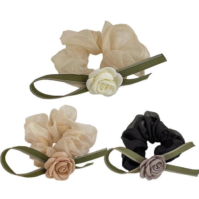 Camellia Bow Scrunchie Hair Tie - Cream with White Flower - view 3