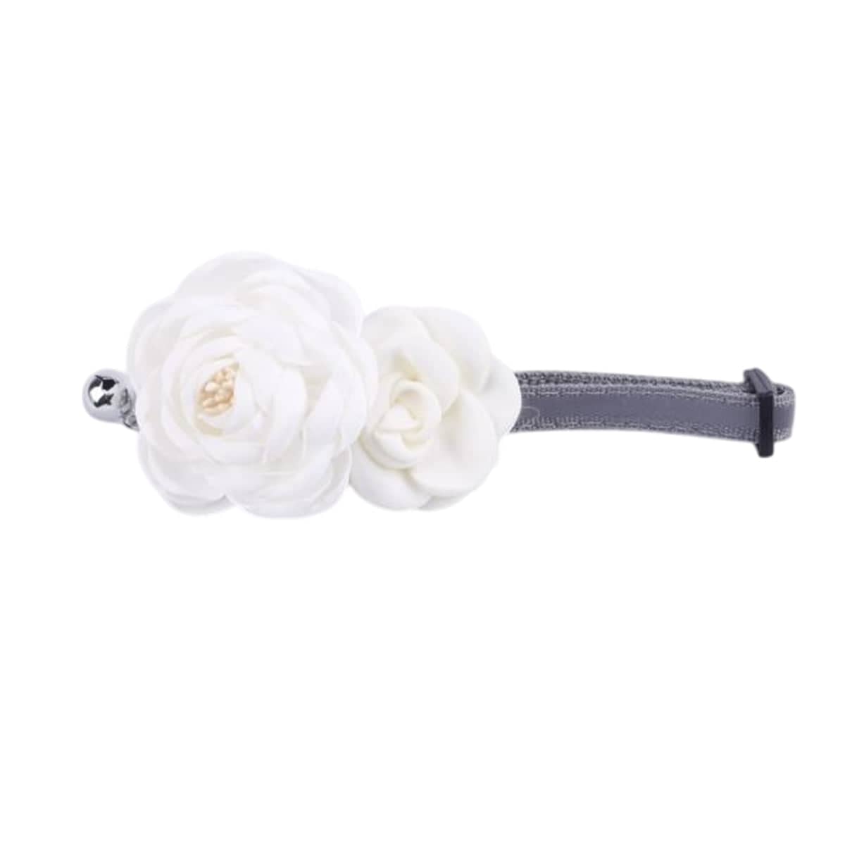 Camellia Flower Pet Collar with Bell, Adjustable - White