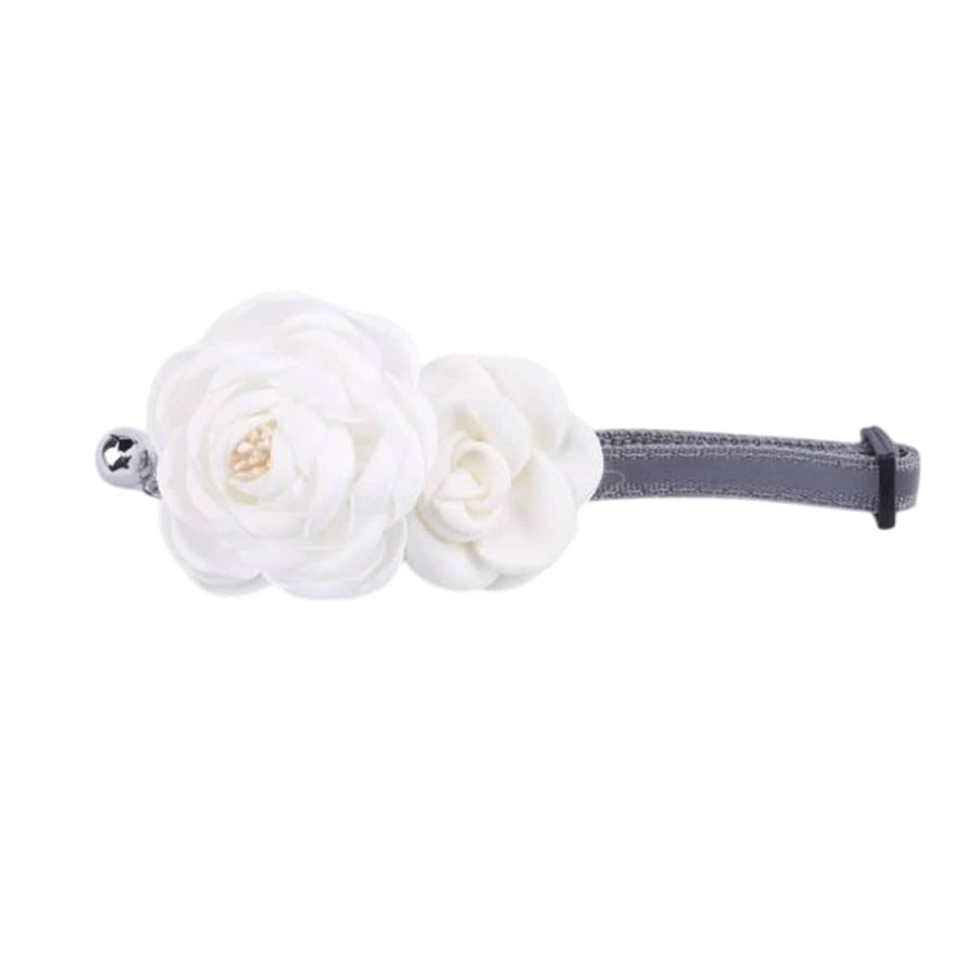 Camellia Flower Pet Collar with Bell, Adjustable - White
