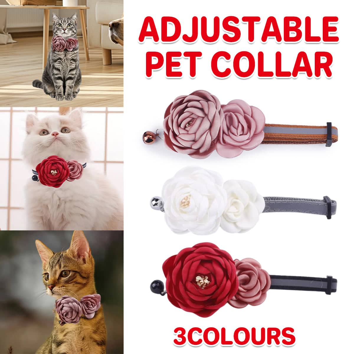 Camellia Flower Pet Collar with Bell, Adjustable - White - view 2