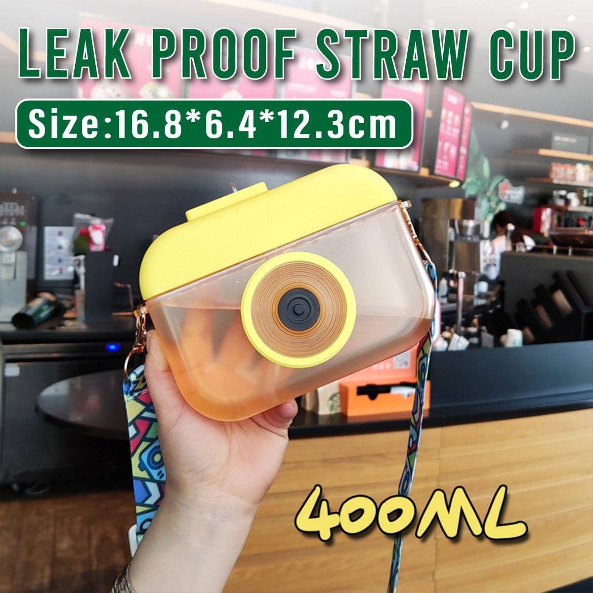 Camera Shaped Straw Cup with Strap, Leak-Proof 400 ml - Yellow