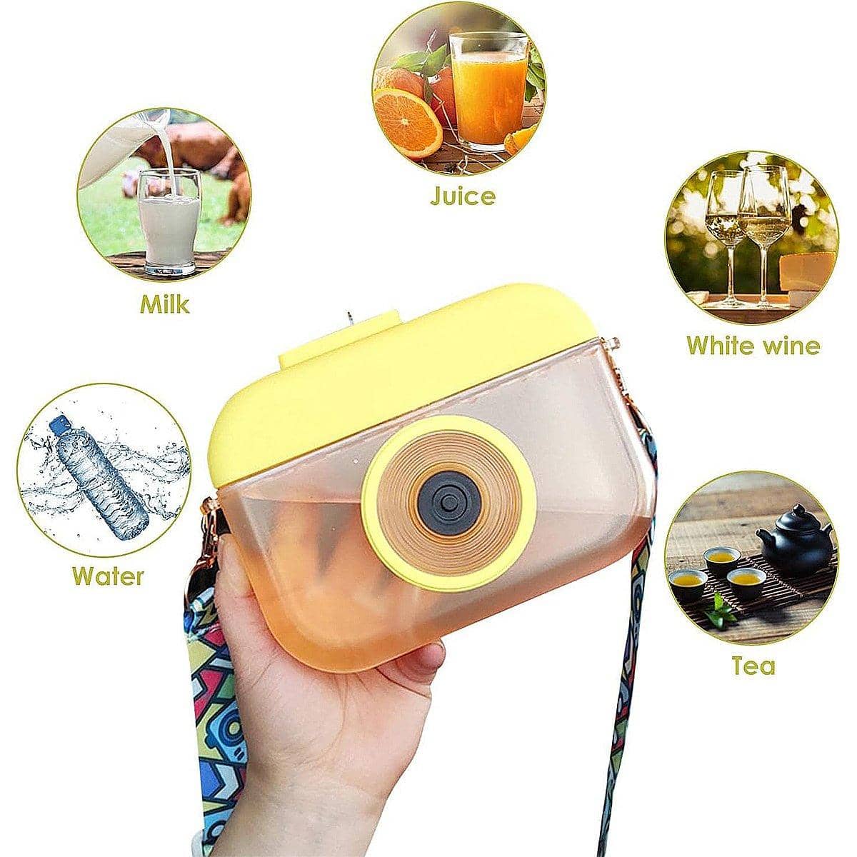 Camera Shaped Straw Cup with Strap, Leak-Proof 400 ml - Yellow - view 4