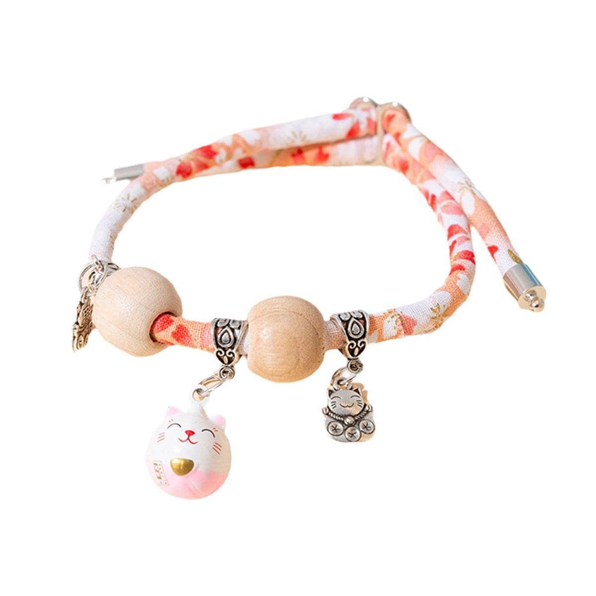 Camphor Wood Bead Pet Collar with Bell - Pink, Lucky Cat