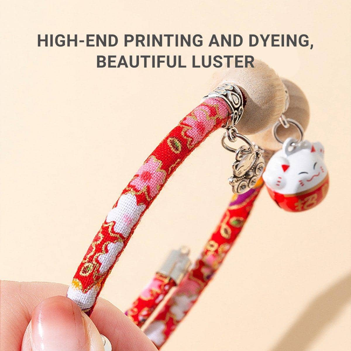 Camphor Wood Bead Pet Collar with Bell - Pink, Lucky Cat - view 5