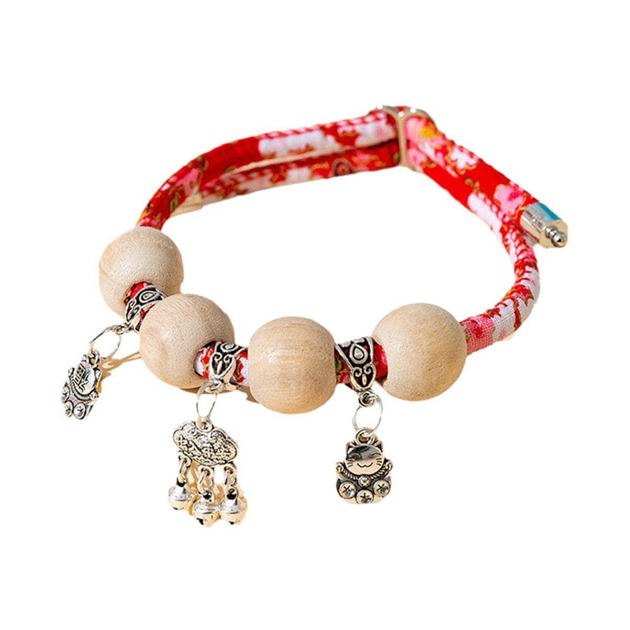 Camphor Wood Bead Pet Collar with Bell - Red, Longevity Lock