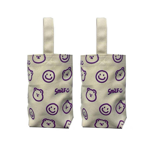 Canvas Cup Bags with Wrist Handle, Set of 2 - Purple Smiley Bear Print