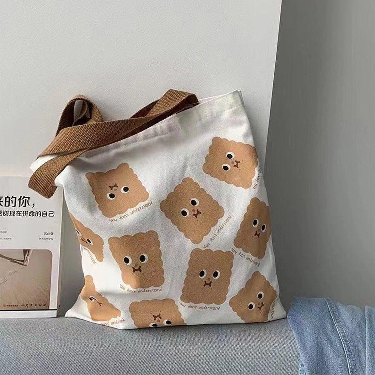 Canvas Shoulder Bag for Study and Shopping - White Smiley Face - view 11