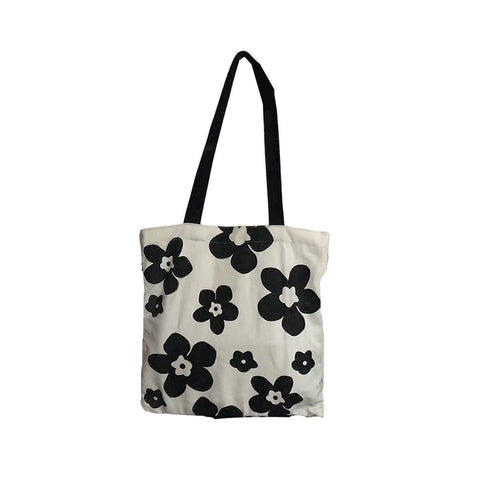 Canvas Shoulder Tote Bag for Women - Black Flower Print