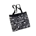 Canvas Shoulder Tote Bag for Women - Black with White Cartoon Doodle Print