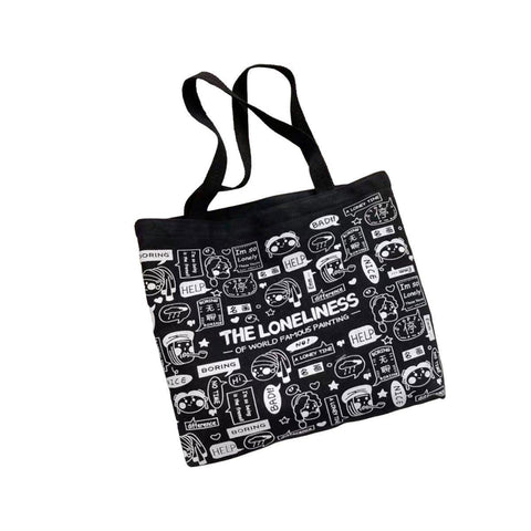 Canvas Shoulder Tote Bag for Women - Black with White Cartoon Doodle Print