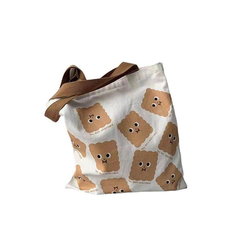 Canvas Shoulder Tote Bag for Women - Cartoon Biscuit Face Print