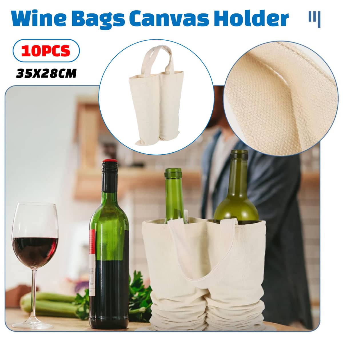 Canvas Wine Double Bottle Bags, Pack of 10 Gift Bags with Handles for Parties and Weddings