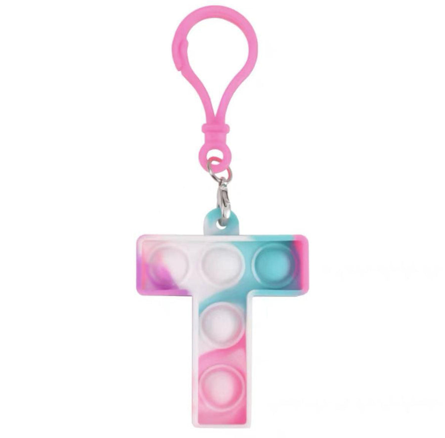 Capital Letter Pop It Keychain Fidget Toy for Backpack - Letter T, Pink, Teal and White