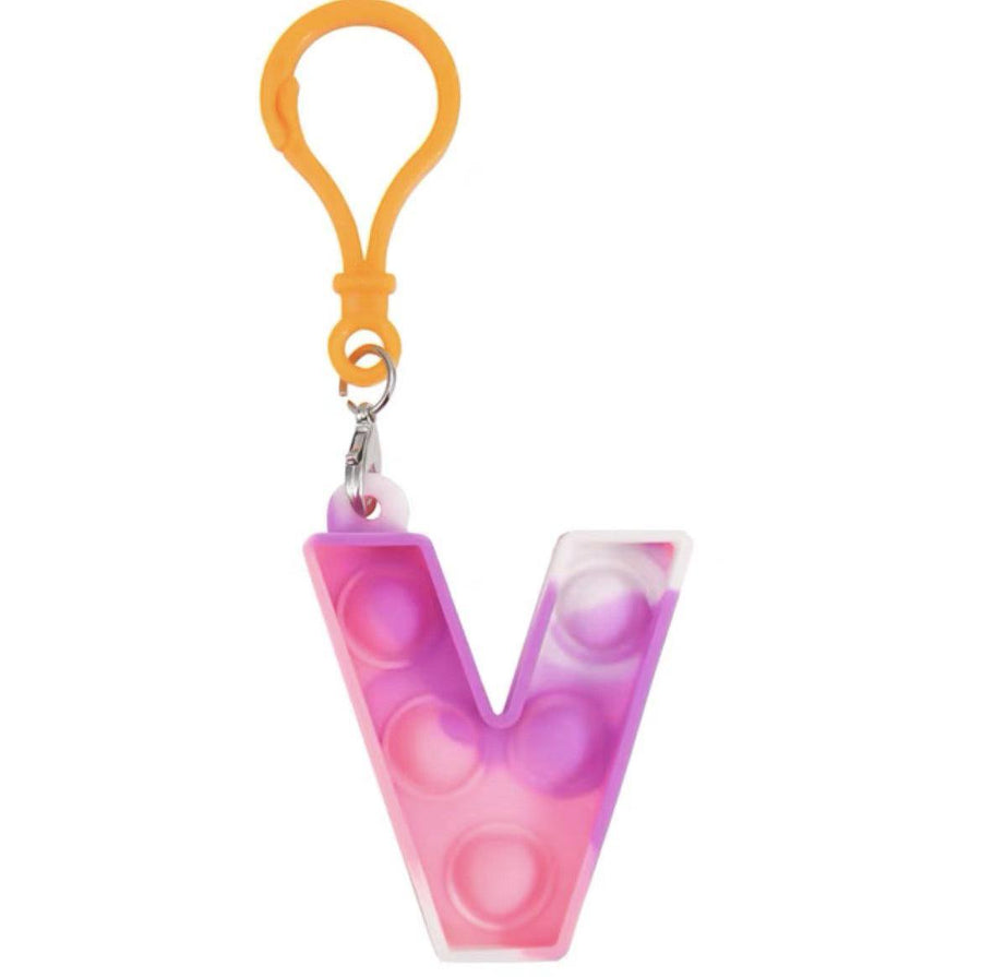 Capital Letter Pop It Keychain Fidget Toy for Backpack - Letter V, Purple, Pink and White