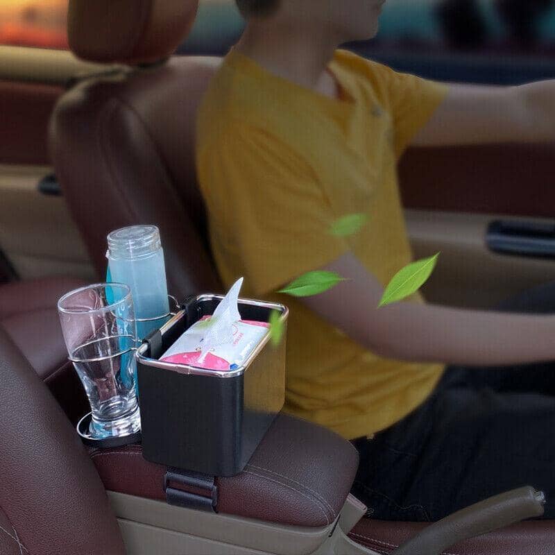Car Armrest Storage Box with Tissue Holder and Dual Cup Rack - Beige - view 5