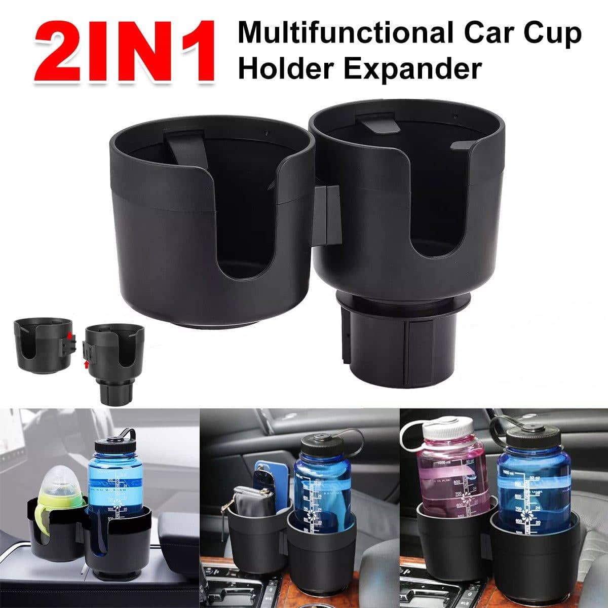 Car Cup Holder Organiser, Dual 2-In-1 Adjustable Drink Holder for Vehicles