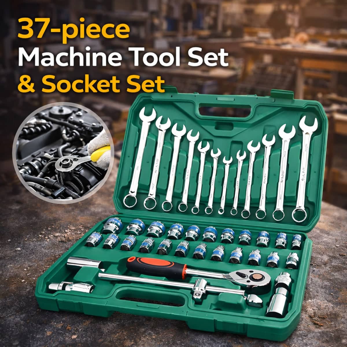 Car Repair Wrench Socket Set of 37, 1/2 Inch (12.7 mm / 1.27 cm) Drive, Chrome Vanadium