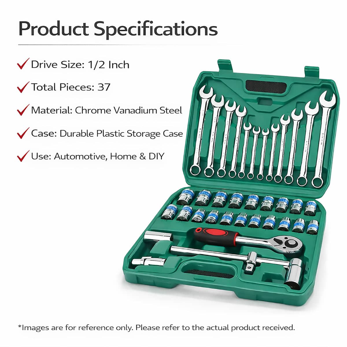 Car Repair Wrench Socket Set of 37, 1/2 Inch (12.7 mm / 1.27 cm) Drive, Chrome Vanadium - view 5