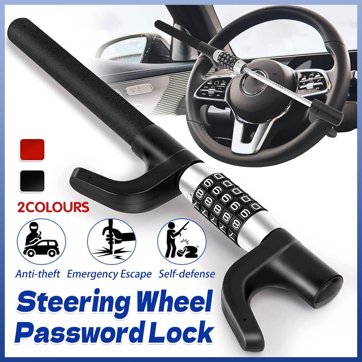 Car Steering Wheel Lock with 5-Digit Combination Code - Red - view 2
