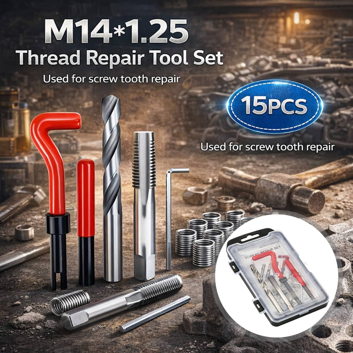 Car Thread Repair Tool Set M14 x 1.25, 15 Piece Helical Insert Installation Kit