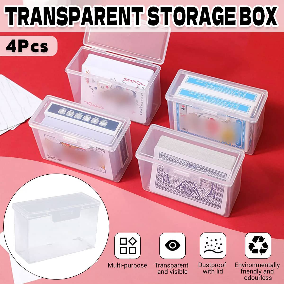 Card Storage Boxes Clear PP Plastic, Pack of 4
