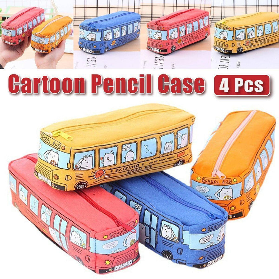 Cartoon Bus Pencil Case, Large Canvas Stationery Bag for Kids, Pack of 4
