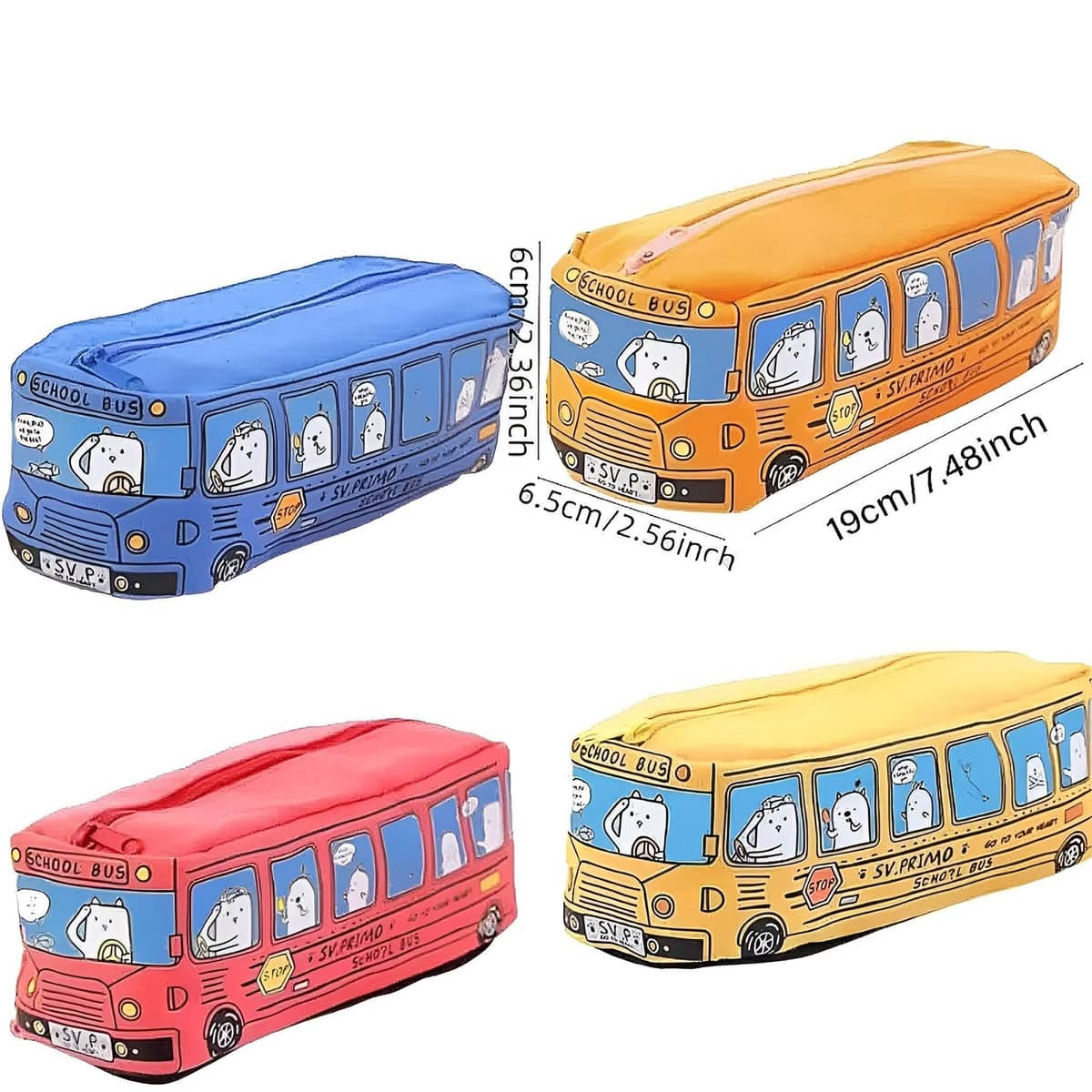 Cartoon Bus Pencil Case, Large Canvas Stationery Bag for Kids, Pack of 4 - view 3