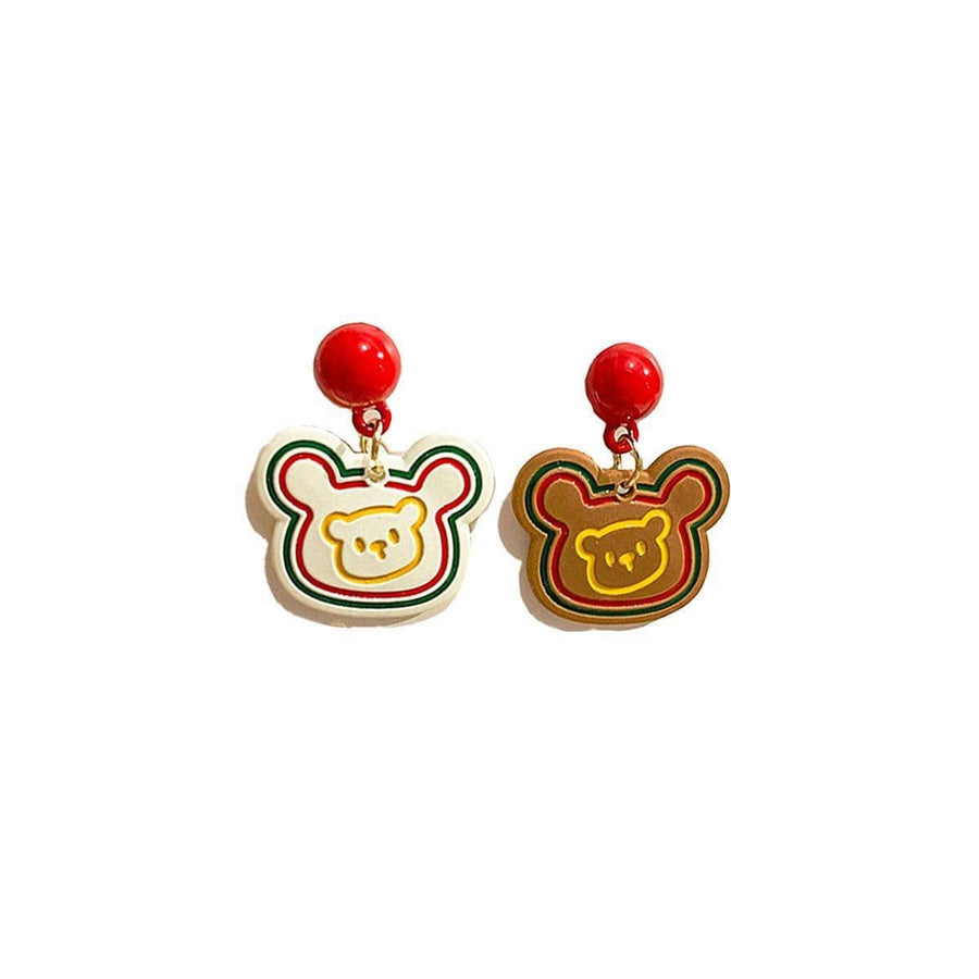Cartoon Drop Earrings, Asymmetrical Pair - Bear Heads with Red Studs