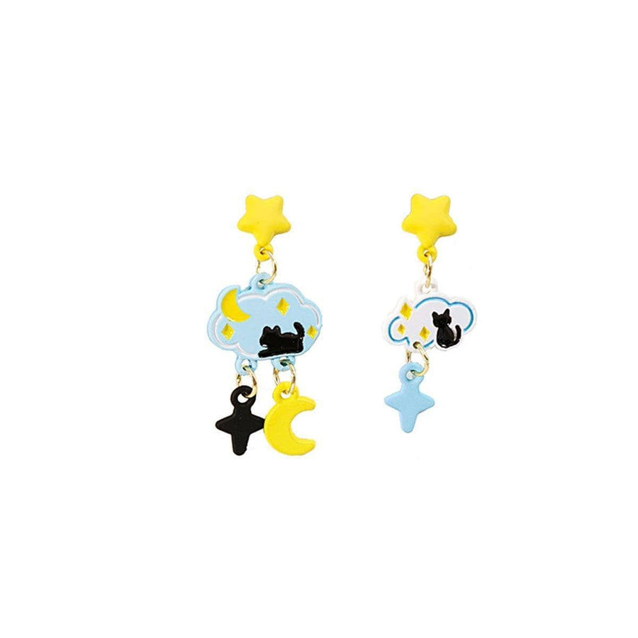 Cartoon Drop Earrings, Asymmetrical Pair - Cloud with Black Cat