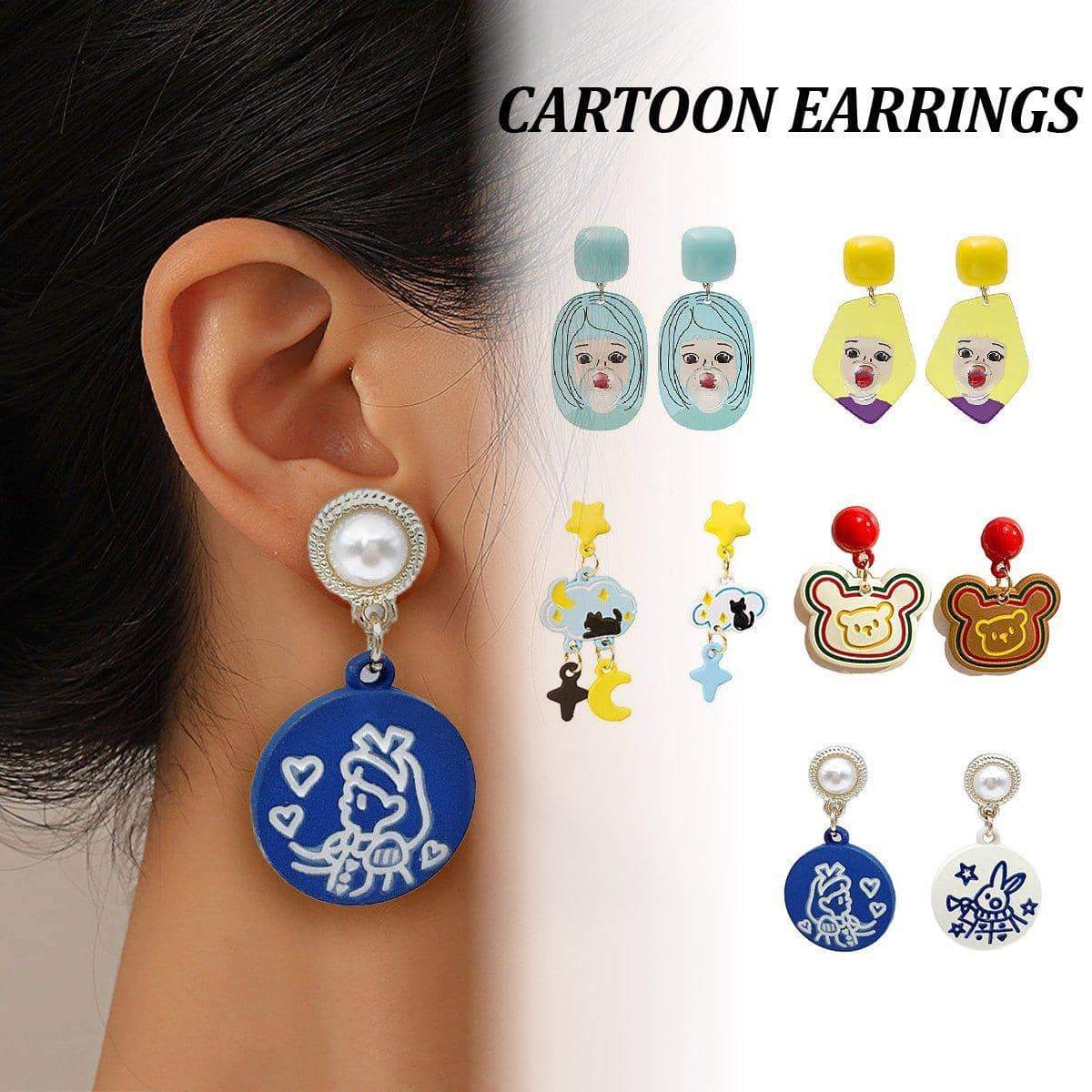 Cartoon Drop Earrings, Asymmetrical Pair - Cloud with Black Cat - view 2