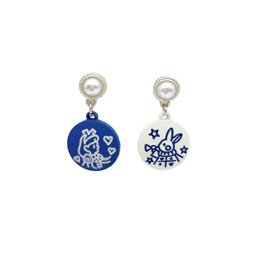 Cartoon Drop Earrings, Asymmetrical Pair - Rabbit and Girl Discs