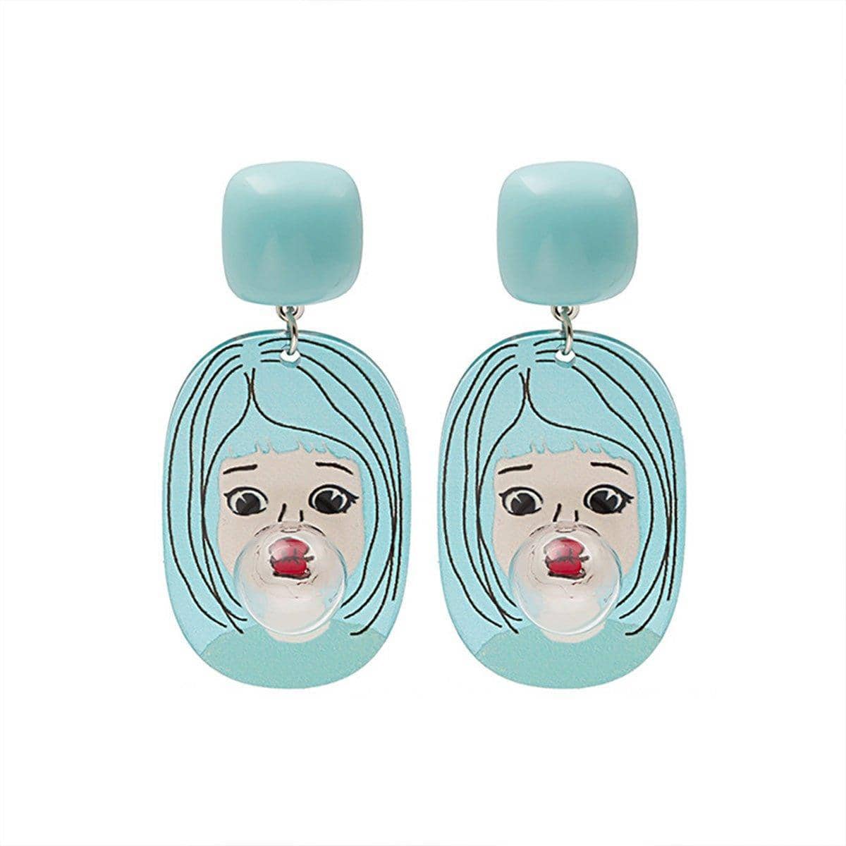 Cartoon Drop Earrings - Light Blue Girl with Bubble