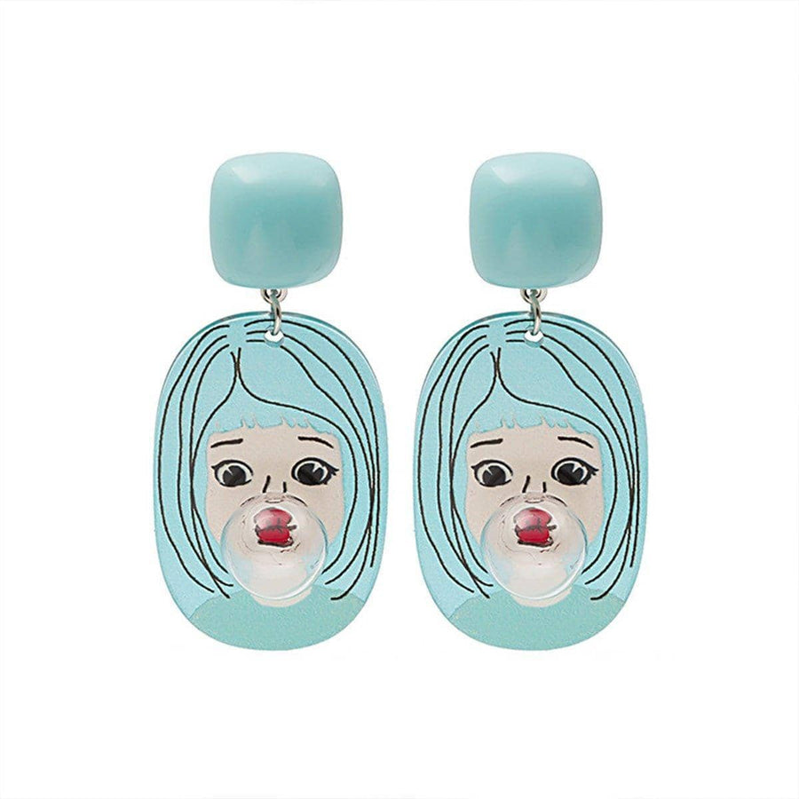Cartoon Drop Earrings - Light Blue Girl with Bubble
