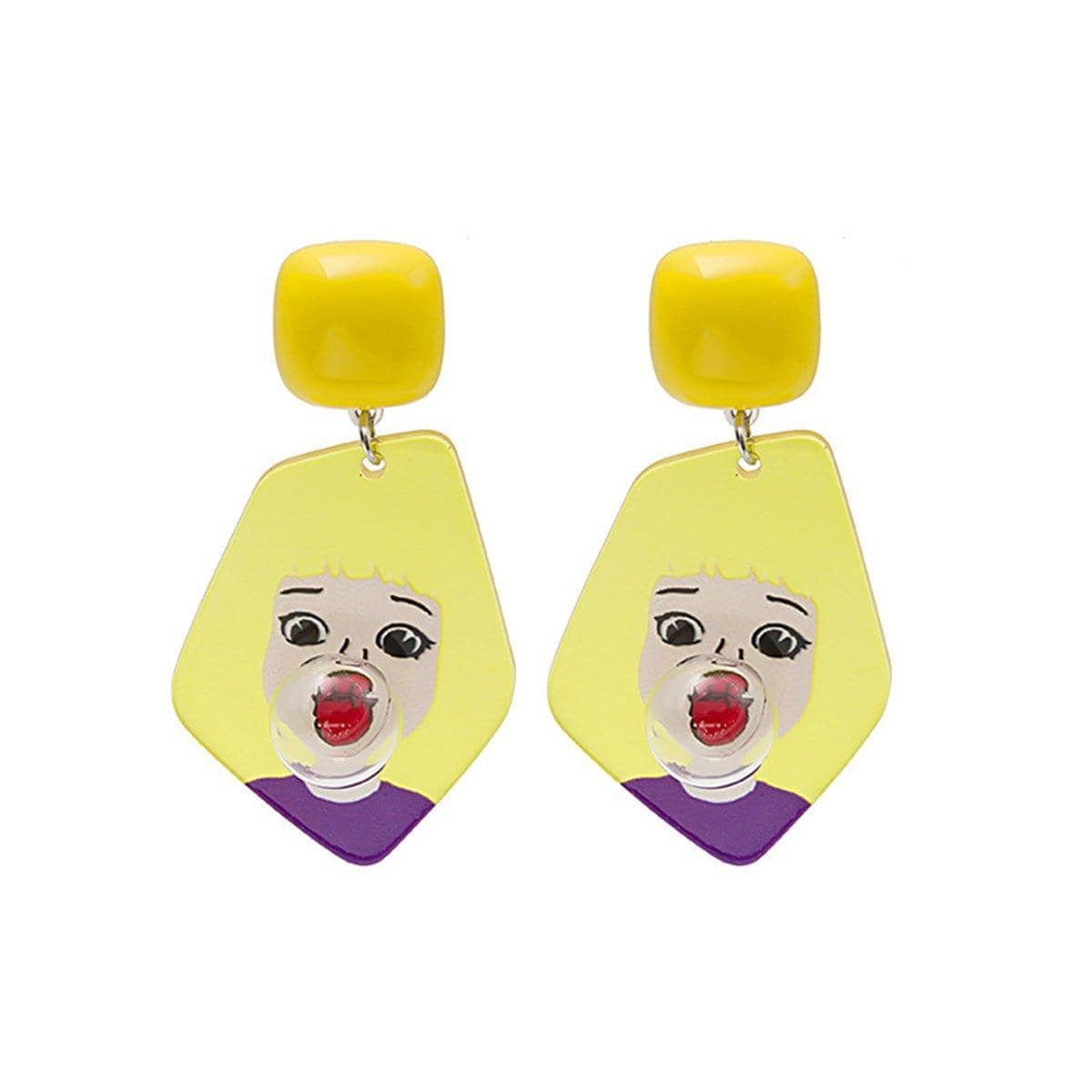Cartoon Drop Earrings - Yellow Girl with Bubble