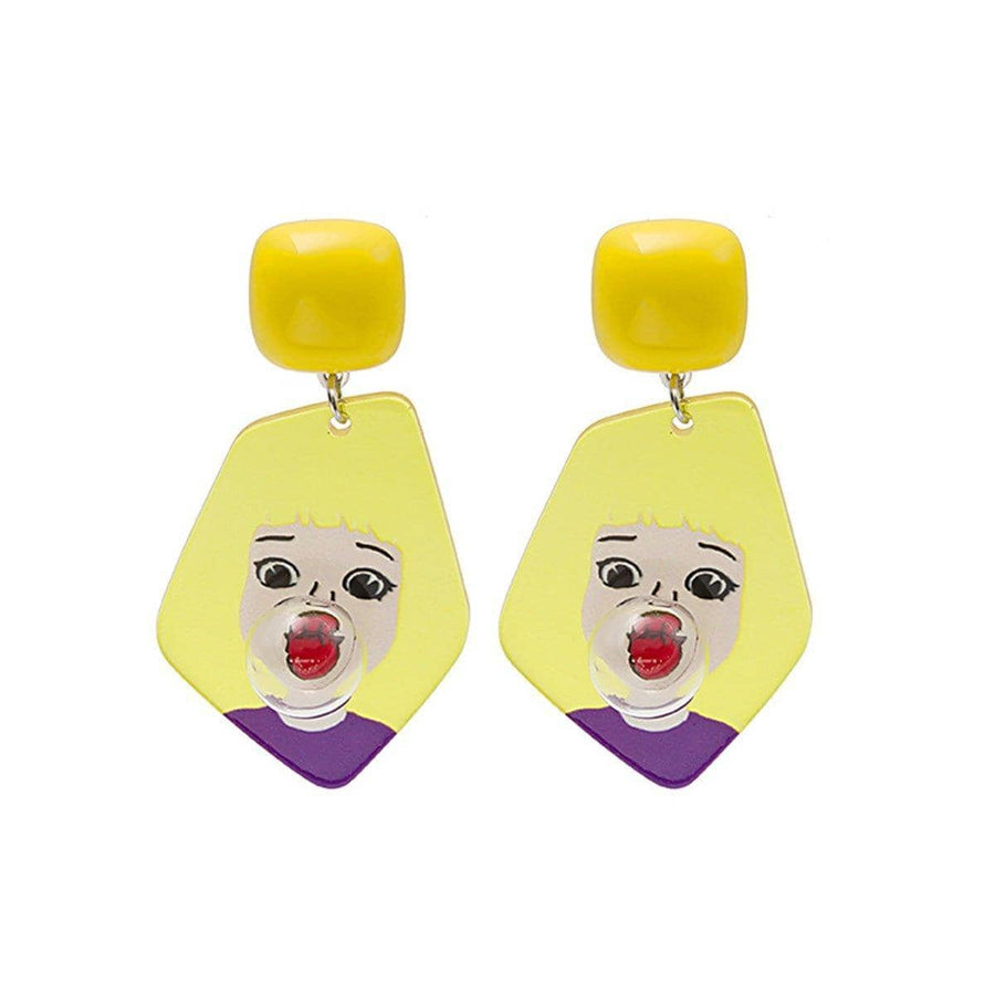 Cartoon Drop Earrings - Yellow Girl with Bubble