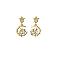 Cat and Crescent Drop Earrings for Women - Gold-Tone with Sparkling Stones
