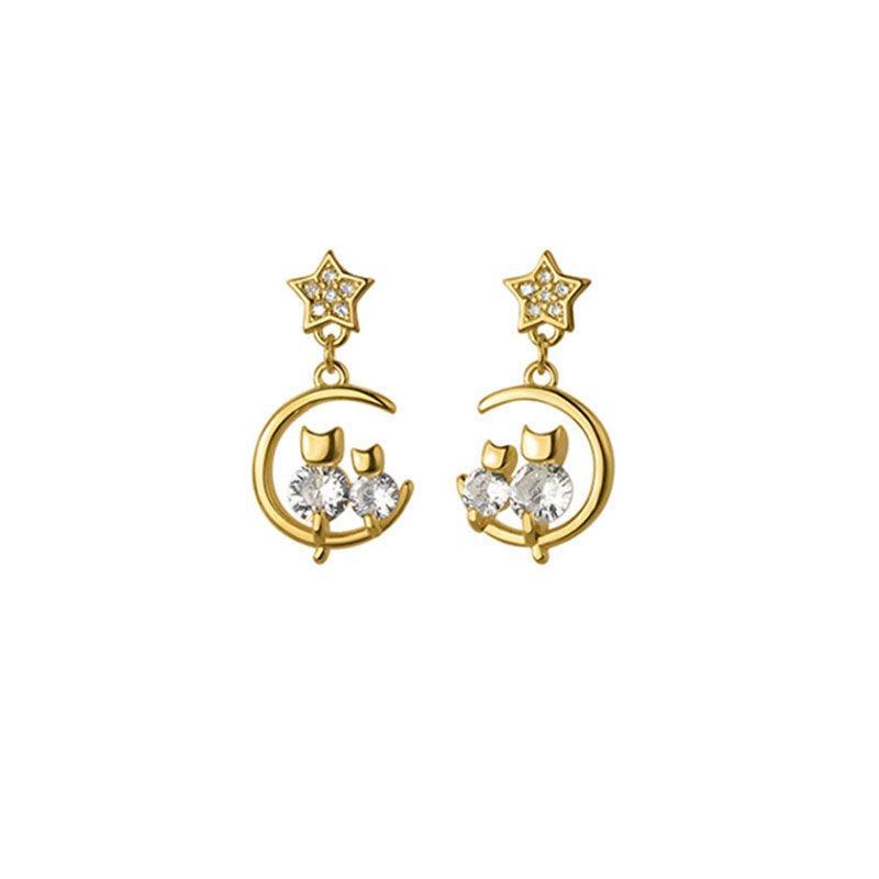 Cat and Crescent Drop Earrings for Women - Gold-Tone with Sparkling Stones