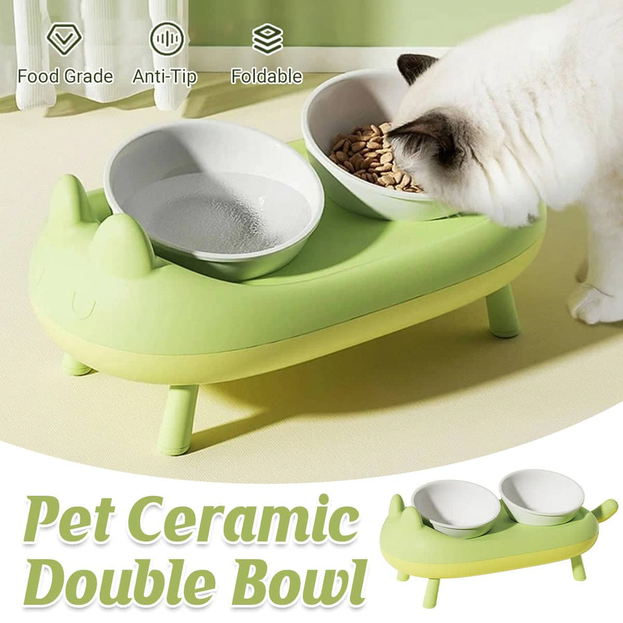 Cat Bowl Ceramic Double Bowl Elevated Non Slip Food Safe Durable