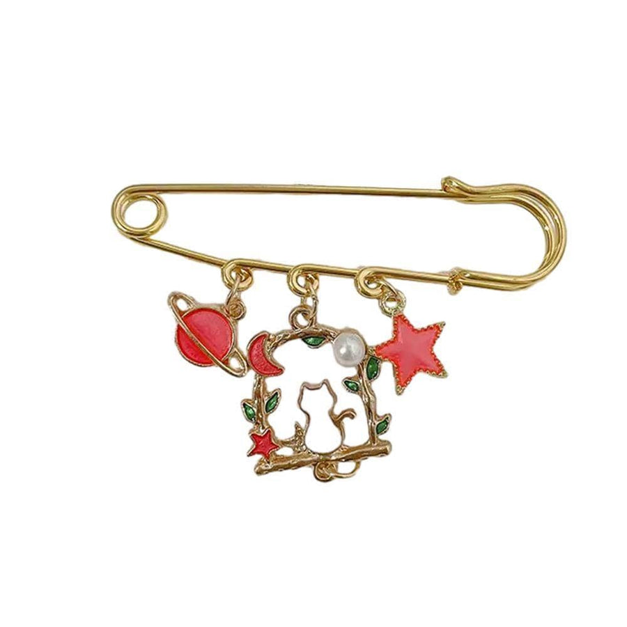 Cat Brooch Pin with Planet, Moon and Star Charms - Red