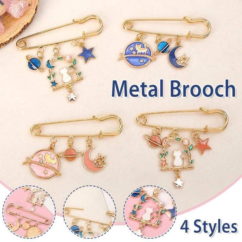 Cat Brooch Pin with Planet, Moon and Star Charms - Red - view 2
