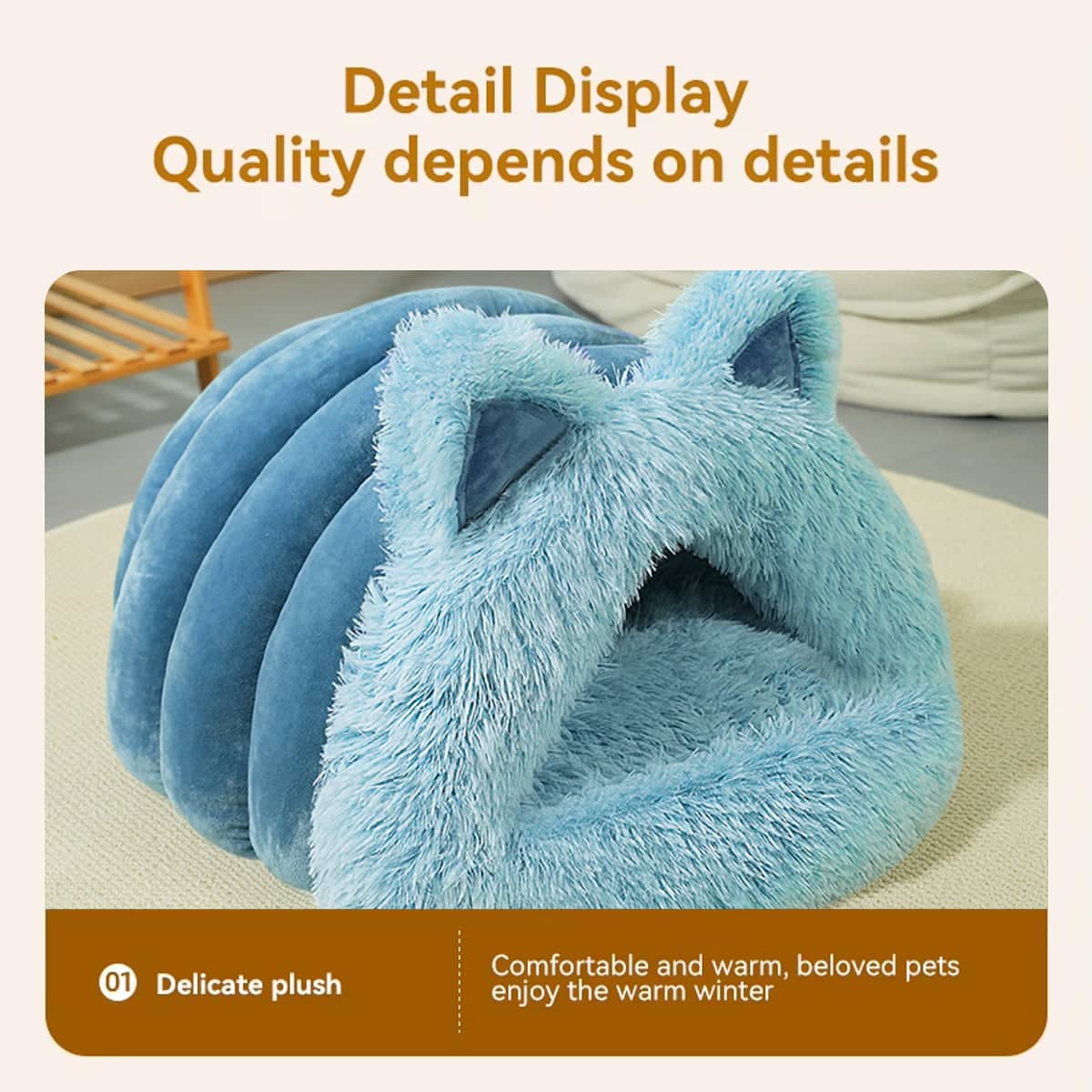 Cat Ear Shape Cosy Pet Bed, Blue - Size L (60 x 50 x 34 cm) - view 5