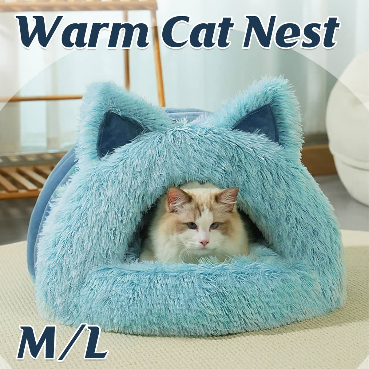 Cat Ear Shape Cosy Pet Bed, Blue - Size M (50 x 42 x 30 cm) - view 2