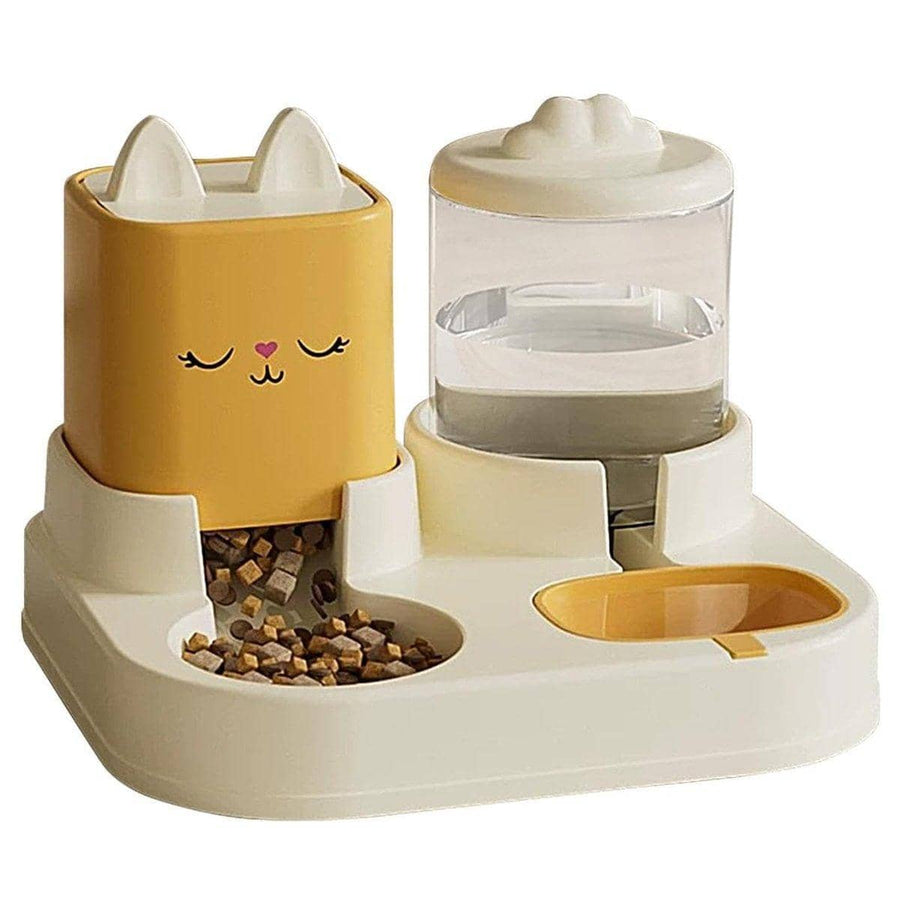 Cat Face Pet Feeder and Water Dispenser Station - Yellow