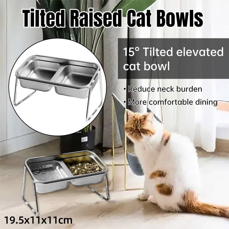 Cat Food Bowl Set, Raised Double Stainless Steel Bowls with Non-Slip Stand